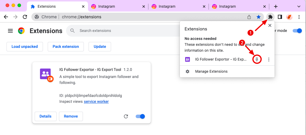 IGFollowerExport chrome extension install pin